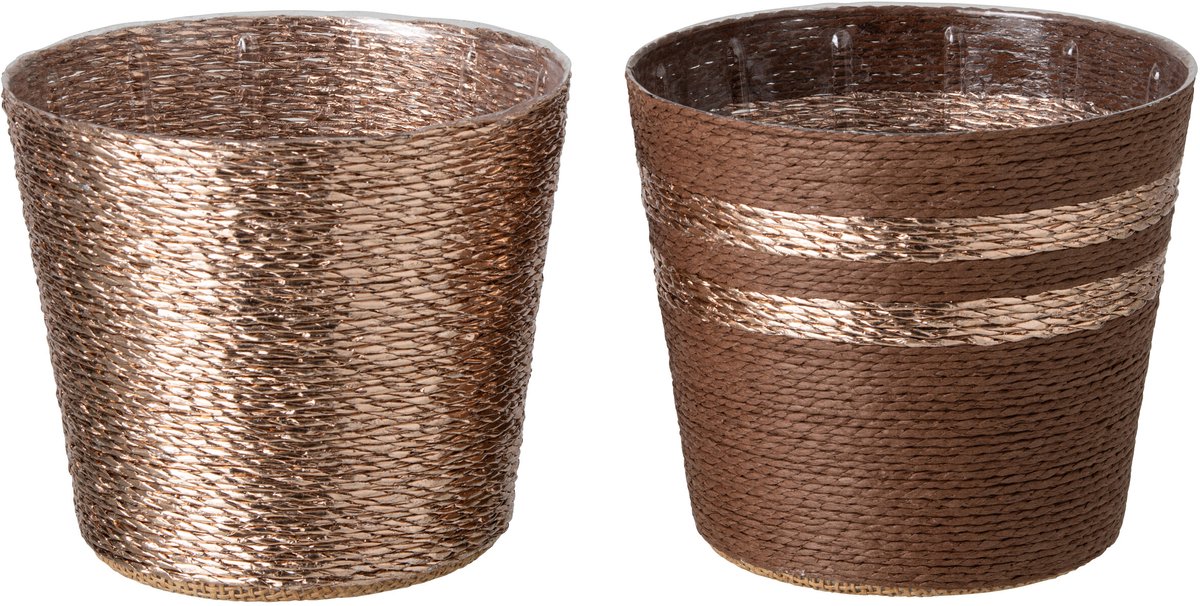 J-Line Gestreepte bloempot - papier - donkerbruin/champagne - large - assortiment van 2