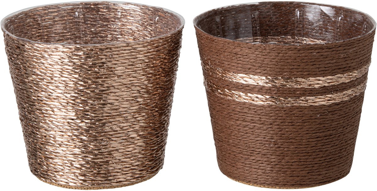 J-Line Gestreepte bloempot - papier - donkerbruin/champagne - medium - assortiment van 2