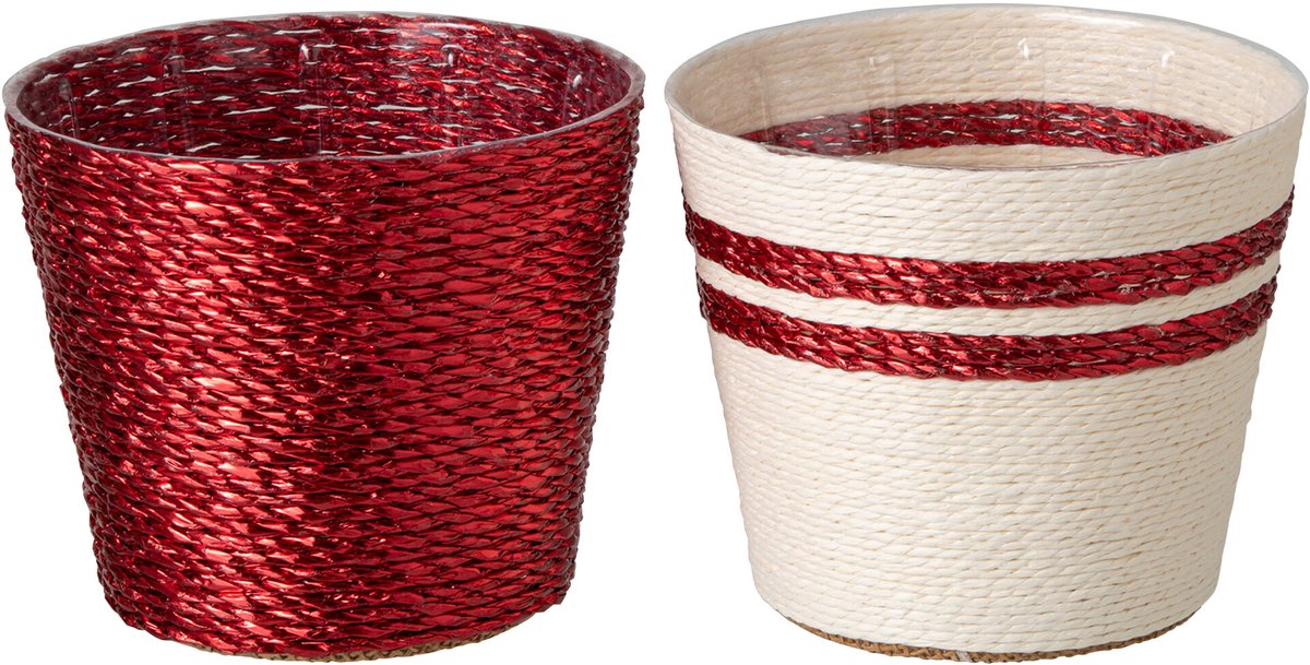 J-Line Gestreepte bloempot - papier - wit/rood - medium - assortiment van 2