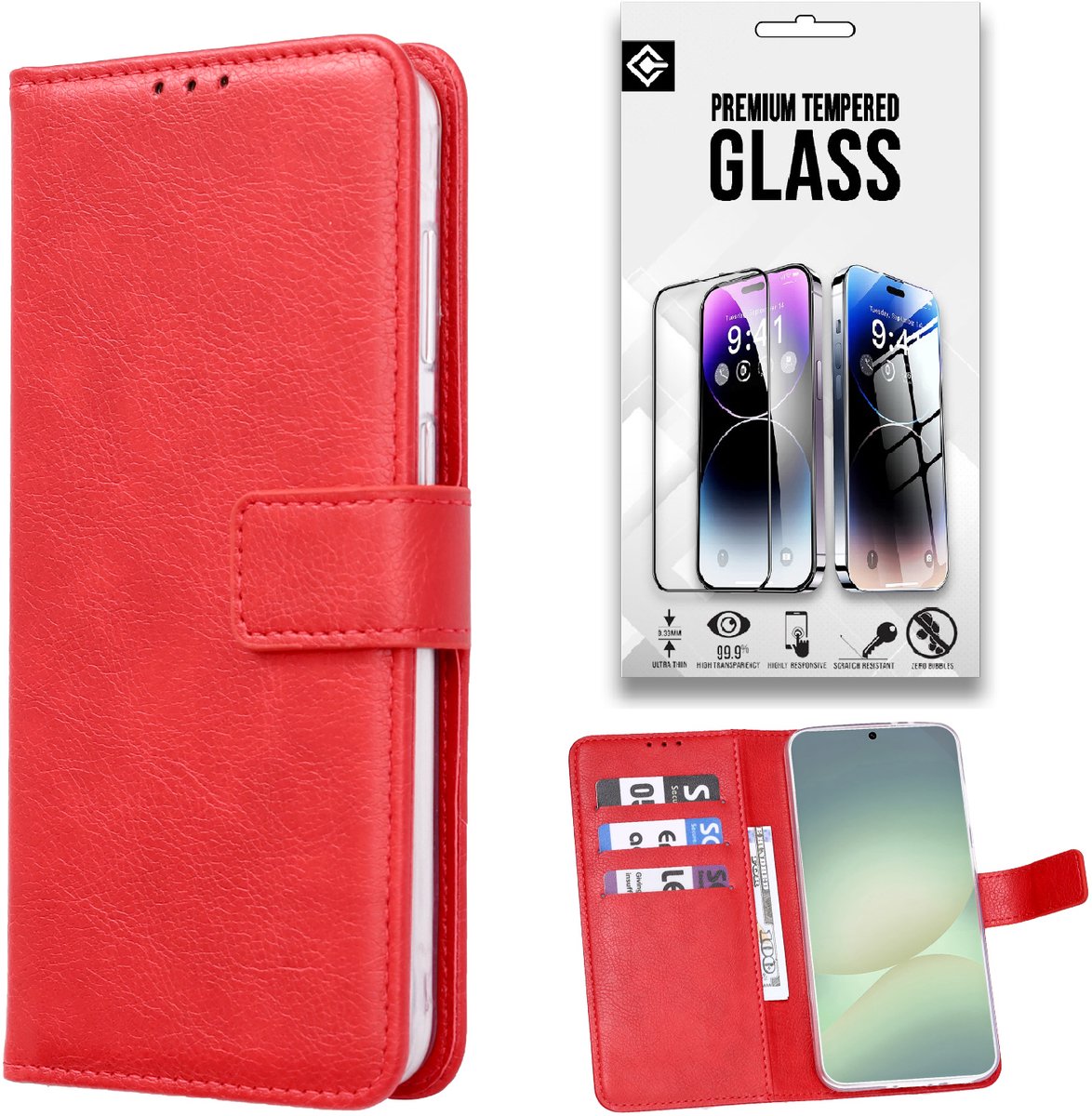 Casemania Hoesje en Glas Geschikt voor OPPO Reno16 F 5G - Rood - Portemonnee Book Case met Pasjeshouder - Wallet Telefoonhoesje + 1x Gehard Glazen Screenprotector