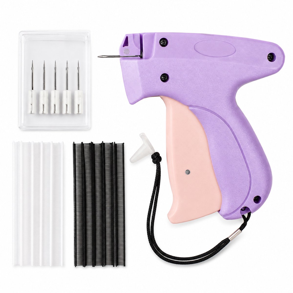 Kledingreparatiepistool — Handgereedschap voor kledingreparatie — Snelgereedschap voor kledingreparatie — Draagbaar mini-naaigereedschap — Kledinglabelpistool — Paars/Roze (inclusief 5 naalden + 5 mm zwarte en witte 1000 g haarspraynaalden)