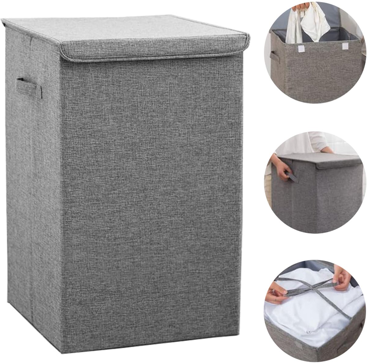 Wasmand met dubbel compartiment – ​​100 liter – Wasmand met deksel – Uitneembare waszak – Opvouwbare opbergmand – Kledingrek – Verdikt katoenlinnen – 40*40*63 cm – Grijs