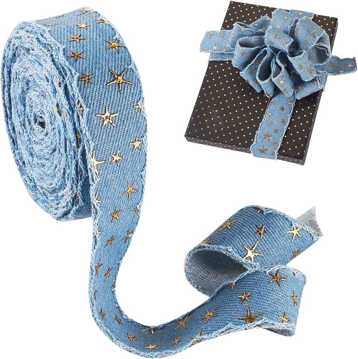 5 Yards denim lint voor ambachten 1 inch rustiek gerafeld katoen Jean stof lint lichtblauw lint doek inpakken stoffen lint met 3D-ster voor naaien accessoires decor