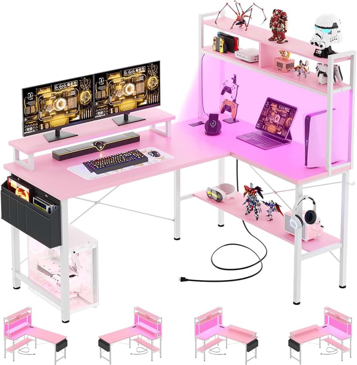 ISunirm L-vormig gamingbureau met stopcontacten en LED-verlichting, klein L-vormig computerhoekbureau met monitorstandaard en opbergplank, speeltafel met opbergtas, roze