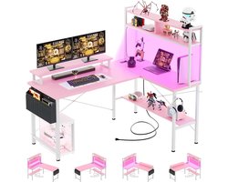 ISunirm L-vormig gamingbureau met stopcontacten en LED-verlichting, klein L-vormig computerhoekbureau met monitorstandaard en opbergplank, speeltafel met opbergtas, roze