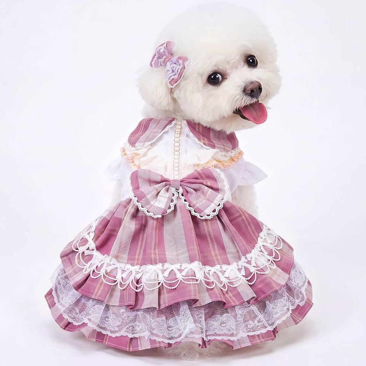 Schattige geruite hondenjurk, puppykleding met grote strik en kanten ruches, kleine honden, meisjesjurk met haarstrik (XXL)