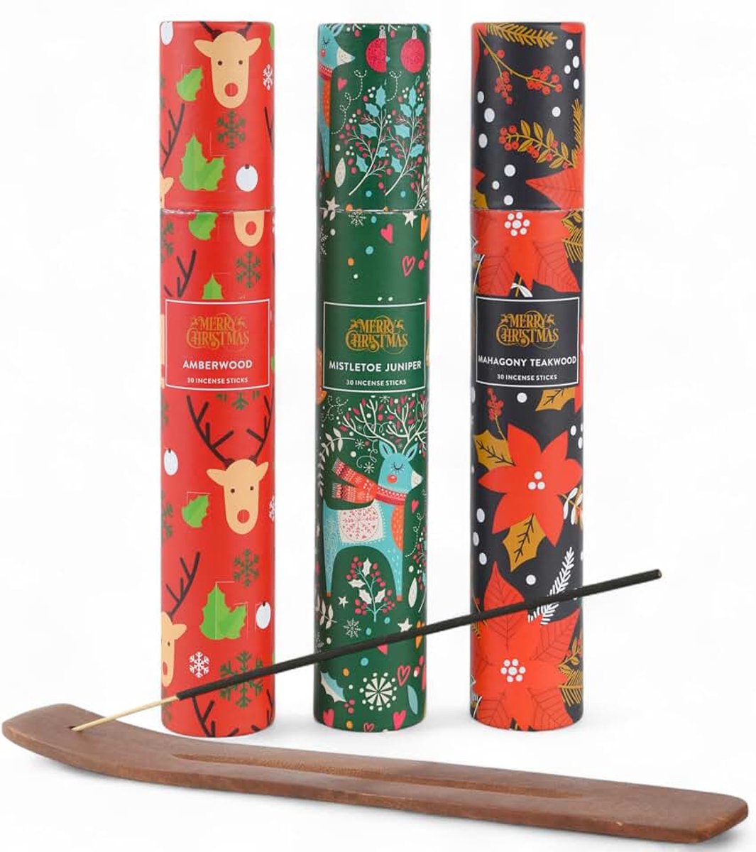 Wierookstokjesset – 3 nobele geuren: amberwood, mistletoe juniper & mahogany teakwood – incl. houten houder – cadeauset in feestelijke geschenkverpakking