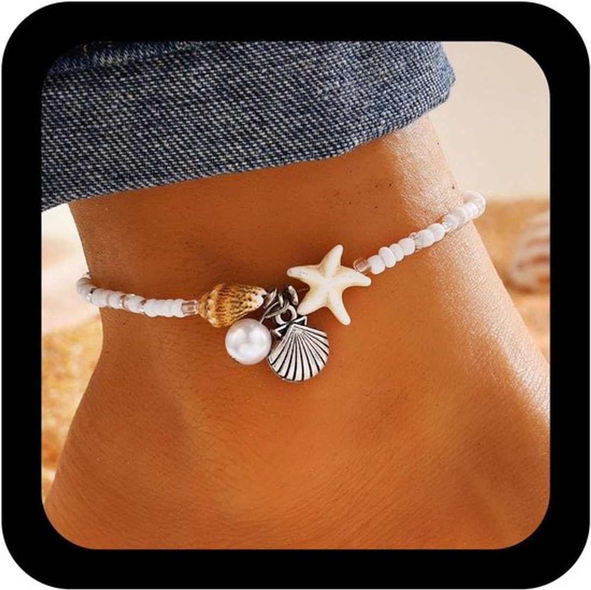 Handgemaakte enkelband met witte schelpen, parels en zaden voor vrouwen - Perfect voor zomerstrand en surfstijl