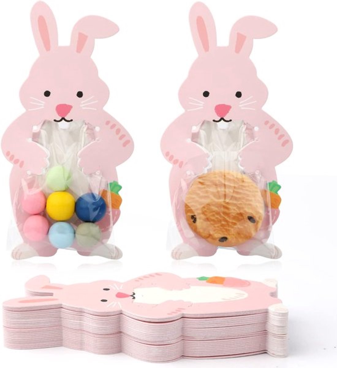 50 cellofaan zakjes met paashaasjes en roze paashaasjes-wenskaartjes, paascadeauzakjes, zelfklevende transparante polyethyleen snoep- en koekjeszakjes met transparante stickers, perfect voor feestcadeautjes