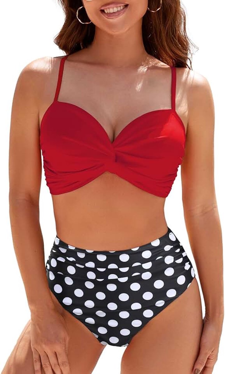 Bikiniset voor dames, 2-delig, verkrijgbaar in grote maten, met gedraaide voorkant, hoge taille, gewatteerd, badkleding, zwemkleding