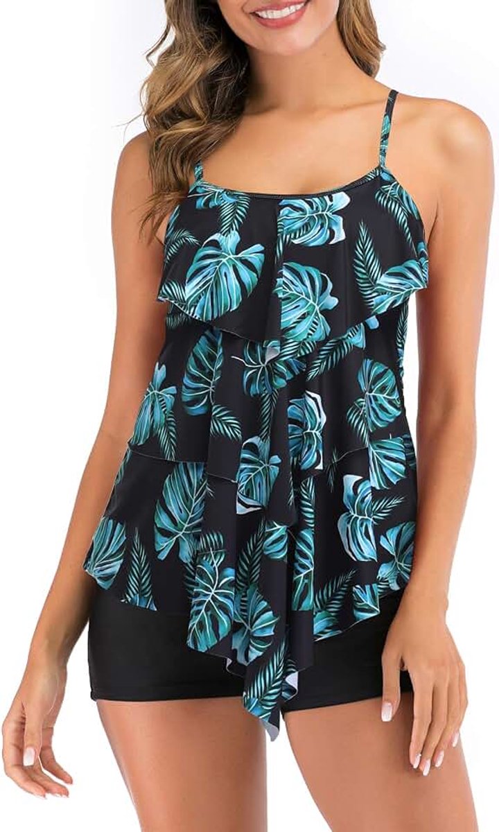 2 Stuk Tankini Badpakken Volant Gedrukt Top Met Boyshorts Plus Size Badmode Badpak