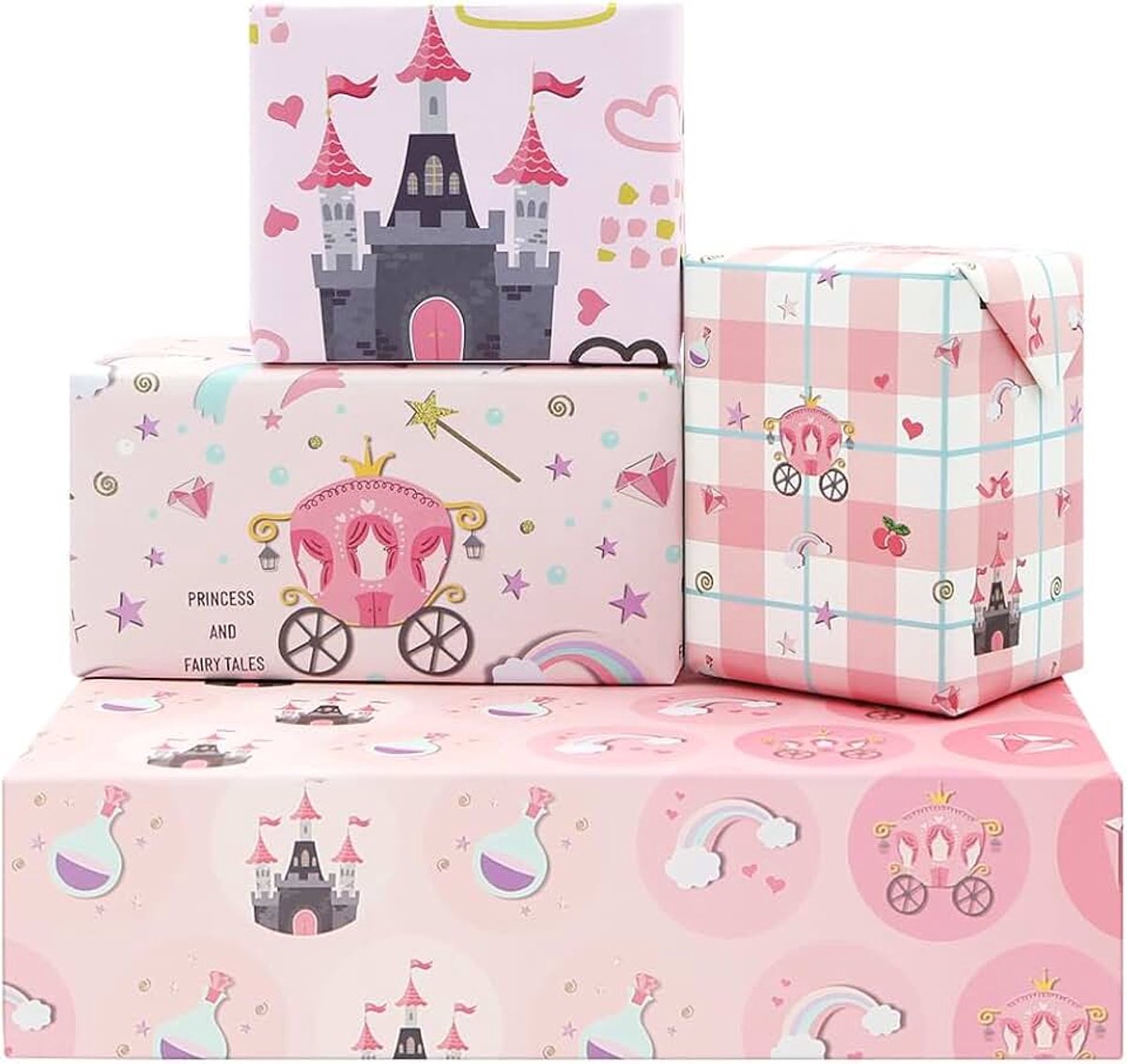 Cadeaupapier, 4 gevouwen vellen, kraftpapier, inpakpapier, kasteelkoets, sprookjes, prinsessencadeaupapier, 50 x 71 cm, voor meisje, vrouwen, verjaardagsfeest, babyshower, Kerstmis