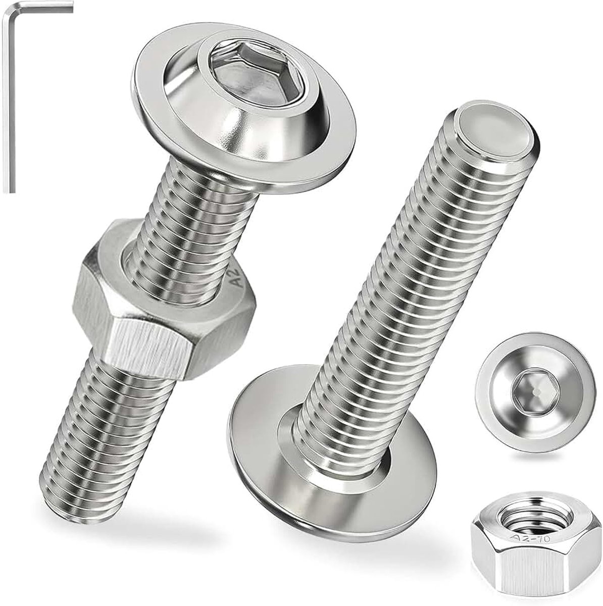 Schroeven met platte kop, roestvrij staal, 50 sets M6 x 10 mm, schroeven, lenskopschroeven, binnenzeskant met moeren en flens A2 V2A, metrisch, volledige schroefdraad, voor houten