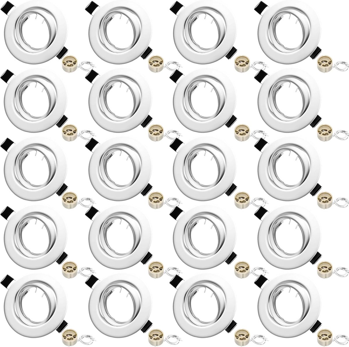 GU10 Set - 20-delig Inbouwframes Mat Wit incl. GU10-fitting - Draaibaar 30° - Boorgat Ø68-80mm - Ronde Metaal Frame Voor 50mm LED of Halogeen Lampen, 20 Stuks
