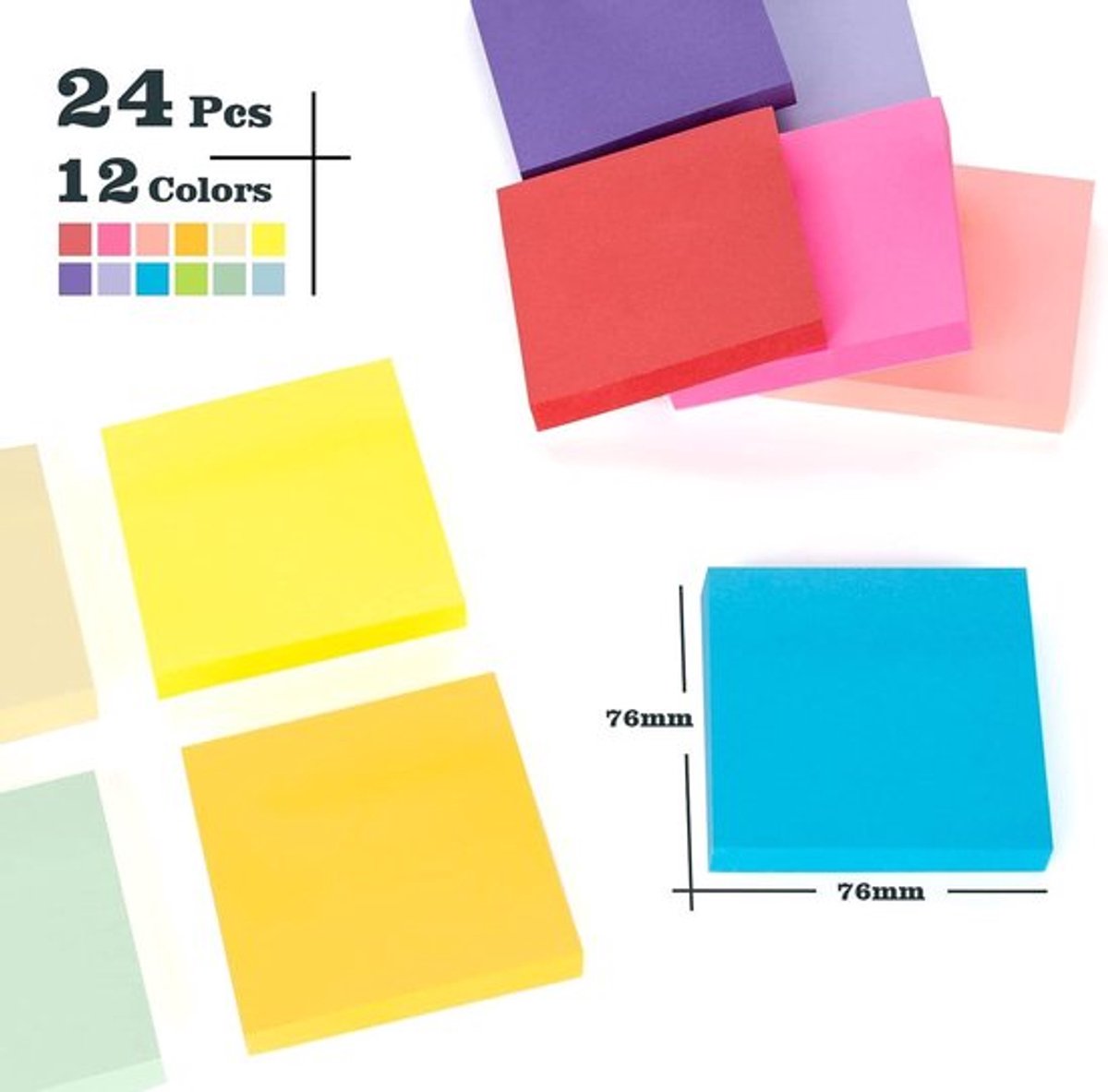 24 Stuks Gekleurde Sticky Notes, 76 x 76 mm, 12 Kleuren, Notitieblokken voor Kantoor en Thuis - 2400 Vellen.
