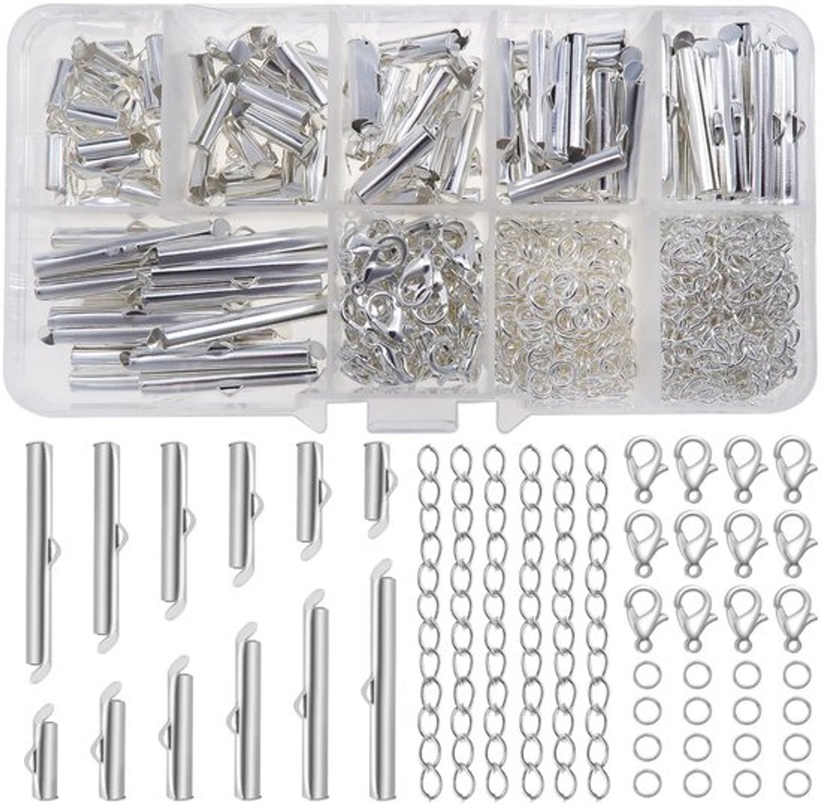 - Schuifsluitingen Metaal - 540 Stuks voor Sieraden - Zilverkleurig - Voor Halskettingen en Armbanden - Inclusief Verlengketting en Springring