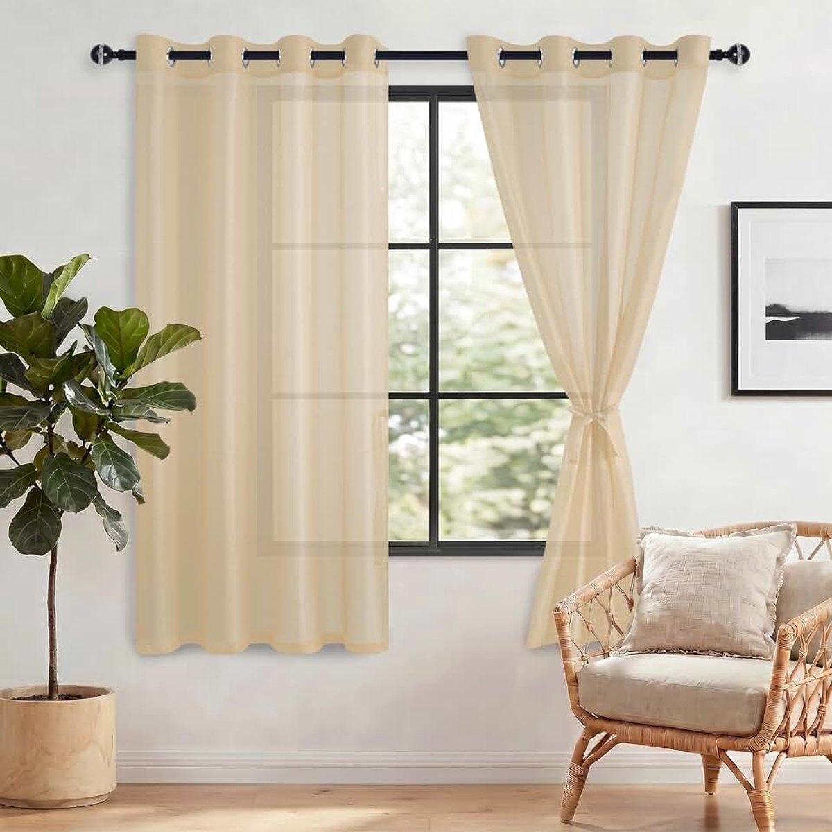 Set van 2 transparante voile-gordijnen met inslagringen, transparante gordijnen met gordijnstropdassen, gordijn, wit, voor woonkamer, beige, 175 x 140 cm (H x B)