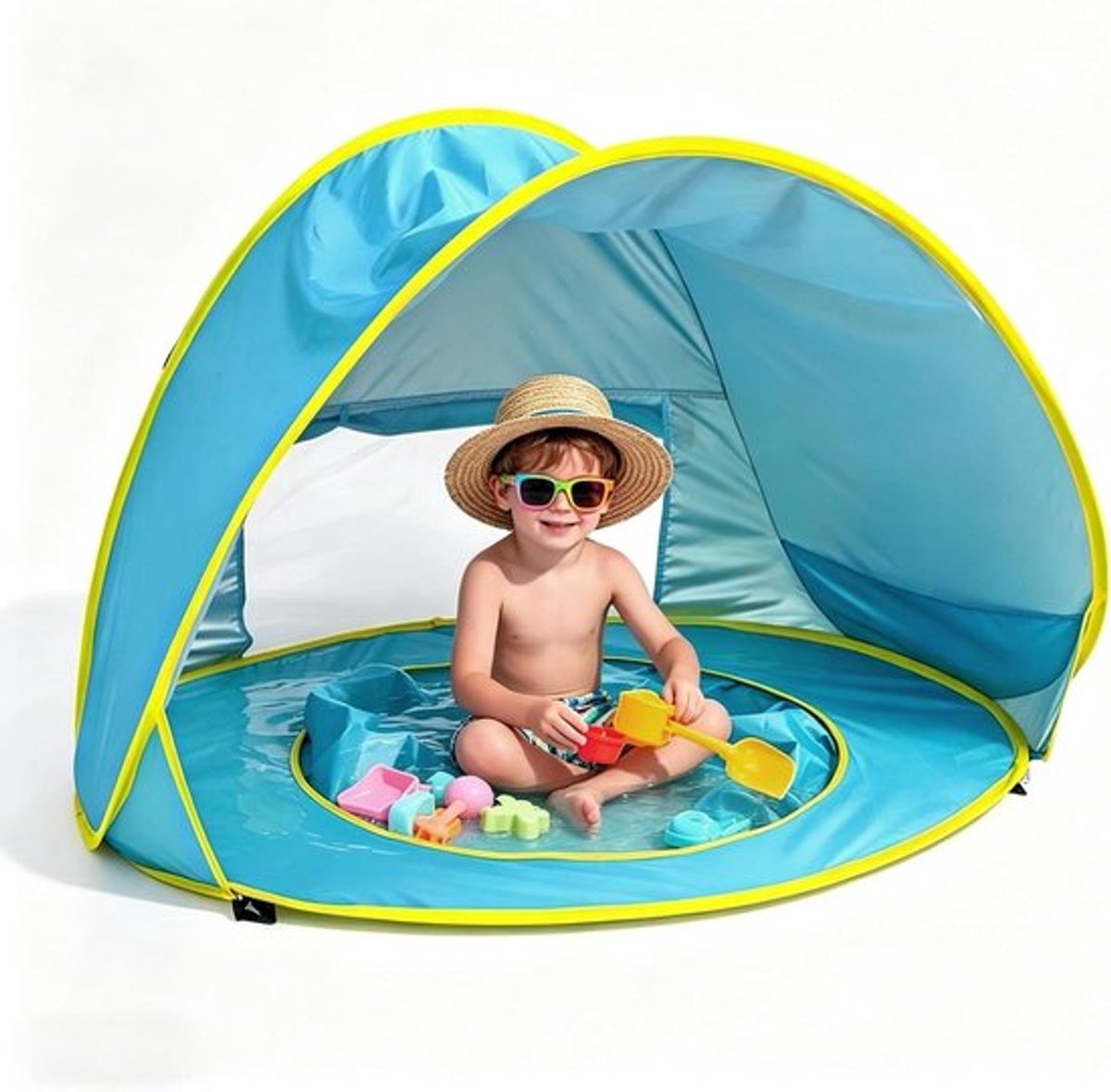 Opvouwbare strandtent voor baby's met UV-bescherming 50+, ideaal voor strand, tuin en camping, inclusief zwembad en zandschelp, blauw