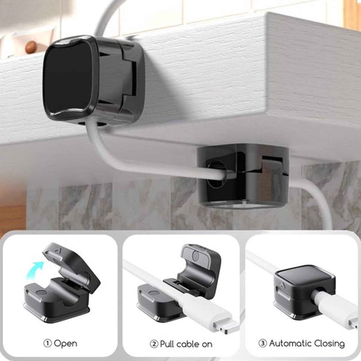 - Magnetische Kabelmanagementclips - Organizer voor Datakabels - Ruimtebesparend - Zwart - Magnetisch - Geschikt voor Kantoor en Huishouden