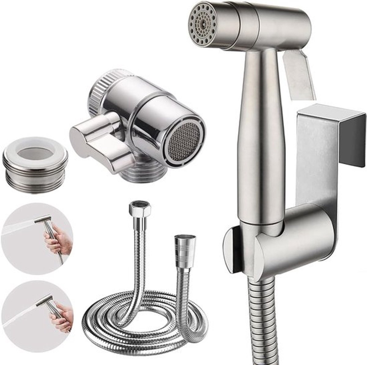 Handdouche voor Bidet van RVS, Dubbele Functie, Inclusief Kraan, 150 cm Slang en Haak voor Wand- of Toiletmontage