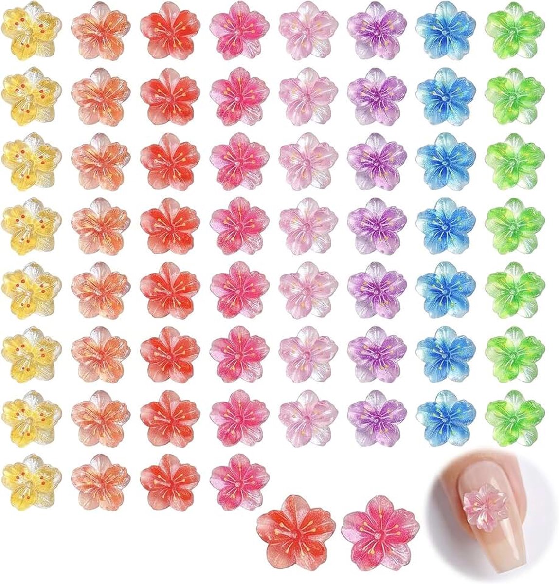 60 stuks 3D-bloemennagelbedels, ijs-transparante hibiscus-nagelkunsthangers, Hawaiiaanse vijfbladige bloemen voor zomer, nageldesign, doe-het-zelf manicure-accessoires en knutseldecoratie