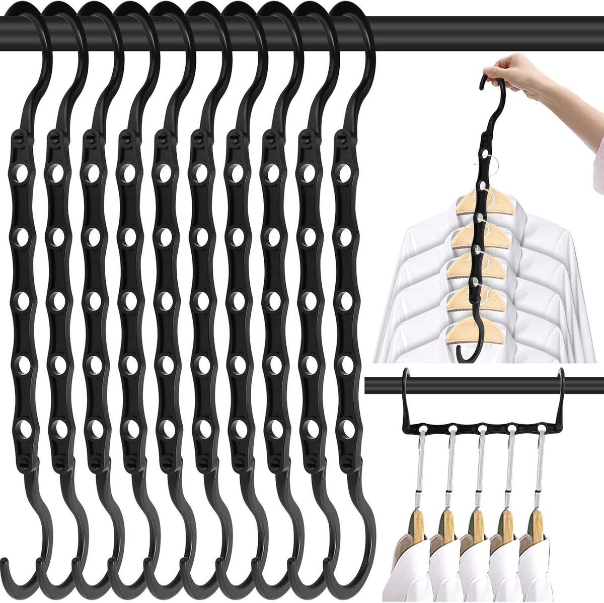 10 stuks Kledinghanger-organizer – Magic Hanger – Ruimtebesparende hanger – Kledingkast-opbergsysteem – Multifunctionele hanger – Geschikt voor kastorganisatie – Zwart