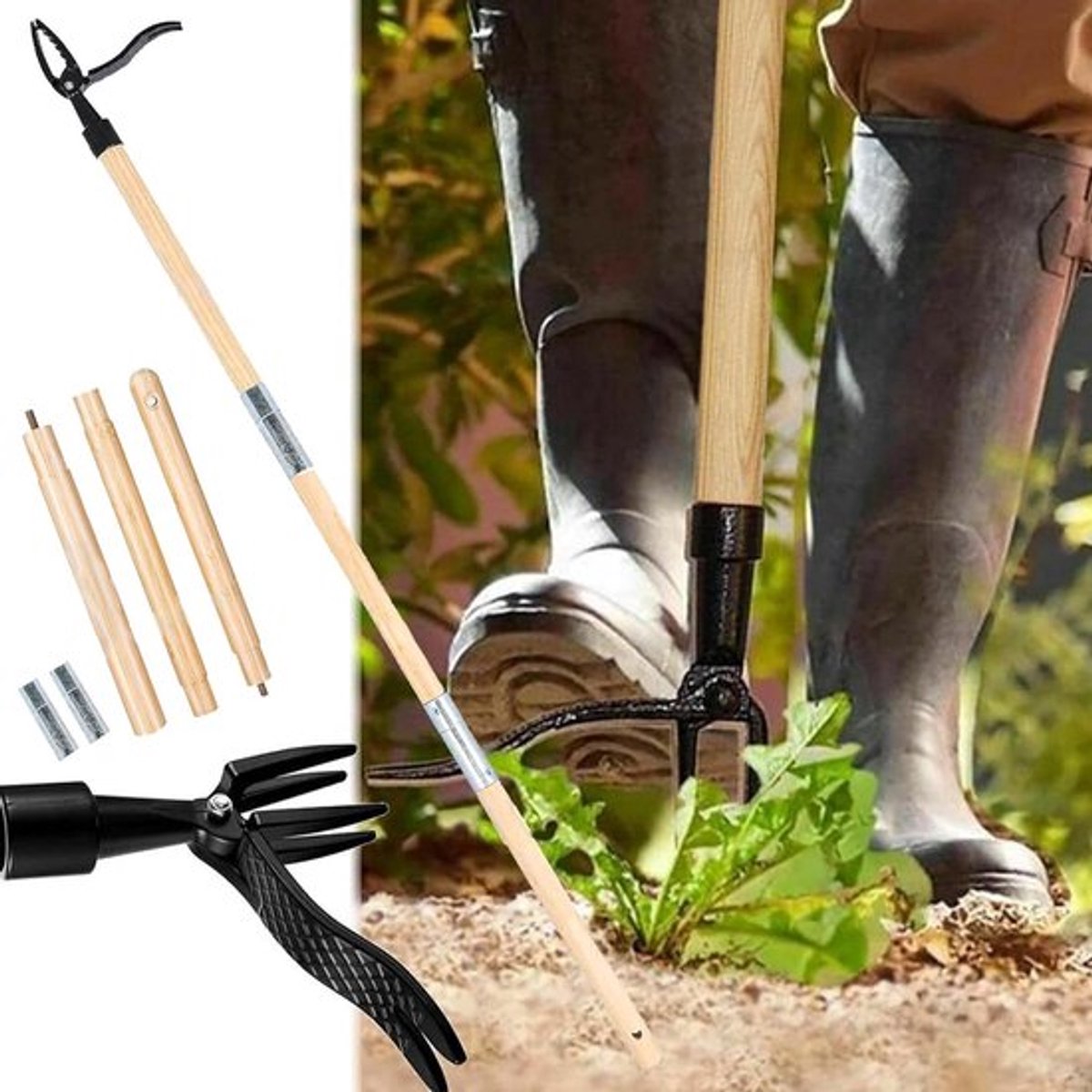 Onkruid Trekker met Dennen Stand Up Handgereedschap, 4-Klauw en Wortelverwijderaar, 3-Traps Verstelbaar