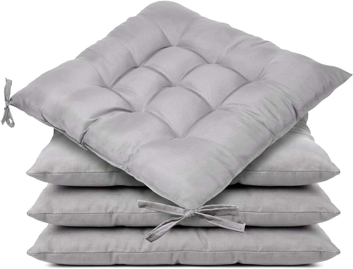 Set Van 4 Zitkussens Voor Eetkamerstoelen, 40x40cm, Comfortabele, Wasbare Zitkussens Met Bandjes, Stoelkussens Voor Keuken, Kantoor, Tuin, Terras En Buitengebruik (Grijs)
