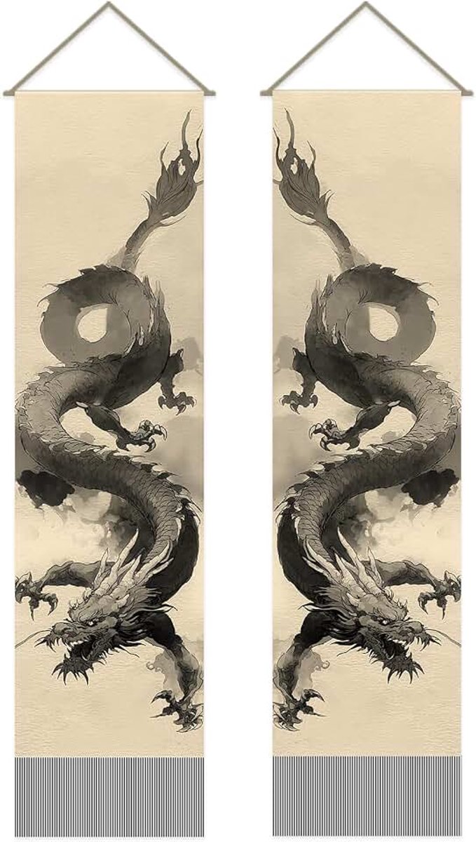 2 Stuks Zwarte Draak Wandkleed Ink Wash Wandtapijt Opknoping Lange Verticale Kwast Wandkleed met Polen, Touw voor Slaapkamer, Woonkamer, Portiek, Hal, Kantoor, Huisdecoratie 116x33 cm