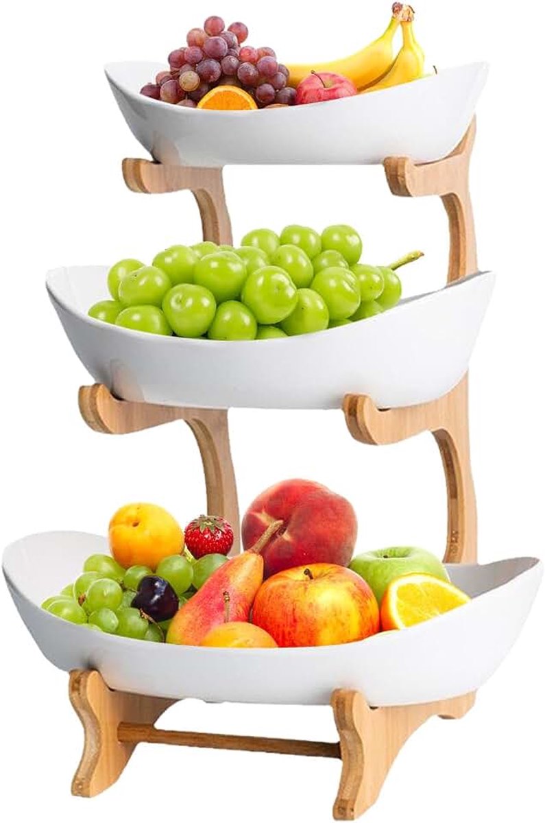 3 etages met fruitschaal, fruitmand met meerdere verdiepingen voor keuken, moderne fruitetagère, hout, fruittaartstandaard en opbergmand voor werkblad, decoratieve schalen voor fruit, groenten