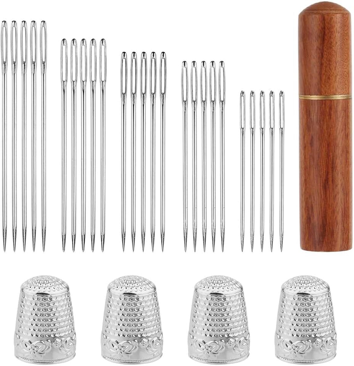 30st Grote Oognaalden Set, Roestvrijstalen Grote Oognaalden voor Borduren met Houten Kist en 4 Vingerhoedjes voor Haak Stopgaren Borduurprojecten