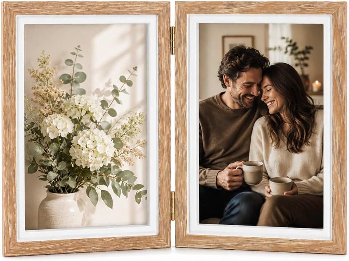 10x15 cm, opklapbare dubbele houten lijst | 3D-houten lijst voor 2 foto’s, 2 klappanelen – neer te zetten of te schenken