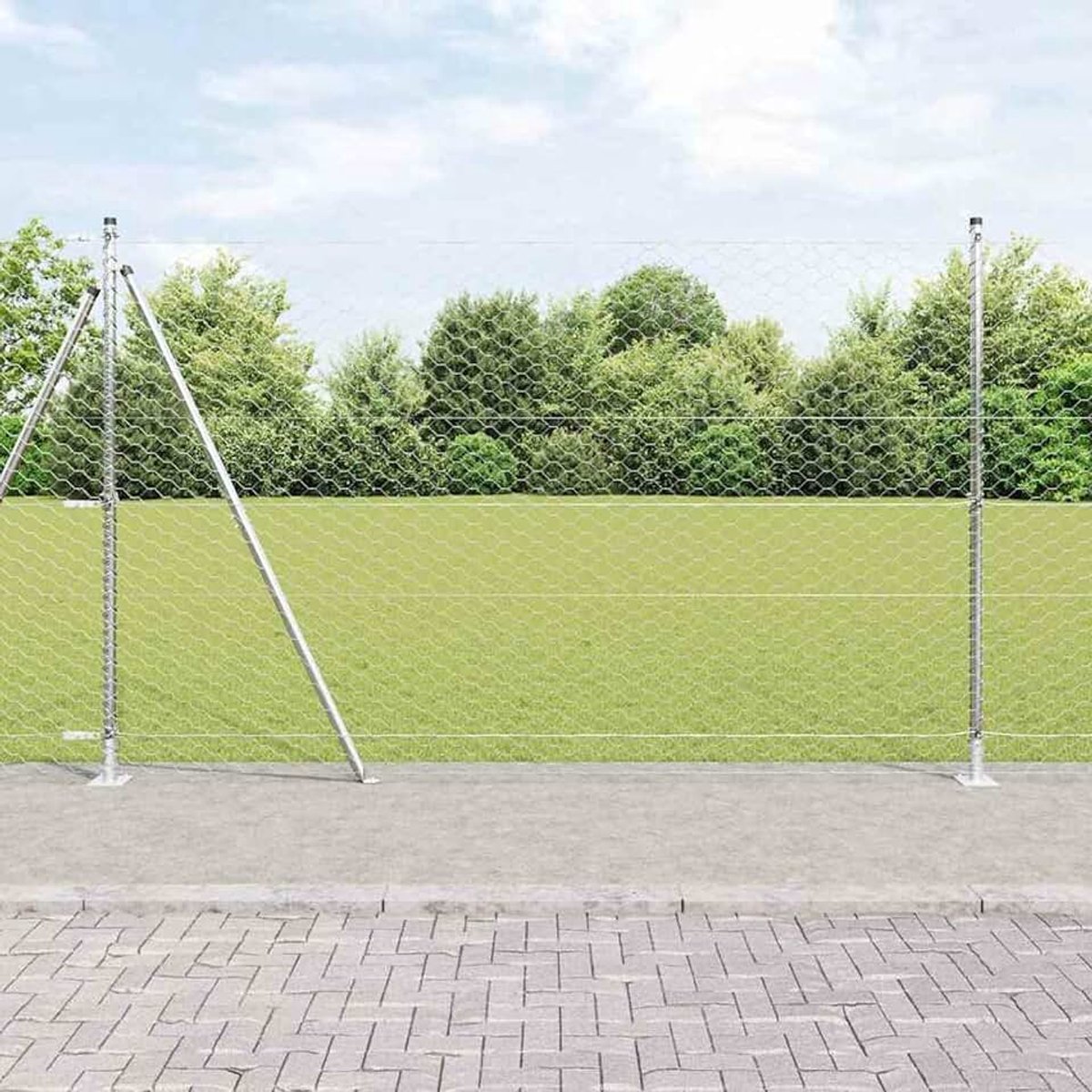 Zeshoekige omheining 1,6 x 25 m, hekpalen met basisplaten, 13 stuks, Ø 32 mm, 88,5 cm, verzinkt staal, tuinhek, draadomheining voor hekken, groentebedden, kippenrennen, weideperstuk, 3353817