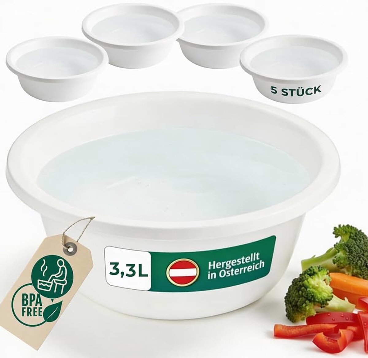 5x ronde spoelkom, 3,3 l, diameter 28 cm, wit, BPA-vrij, vaatwasmachinebestendig, ideaal voor keuken en camping, ronde kom, ronde plastic kom, wasschaal, kunststof kom, plastic bowl