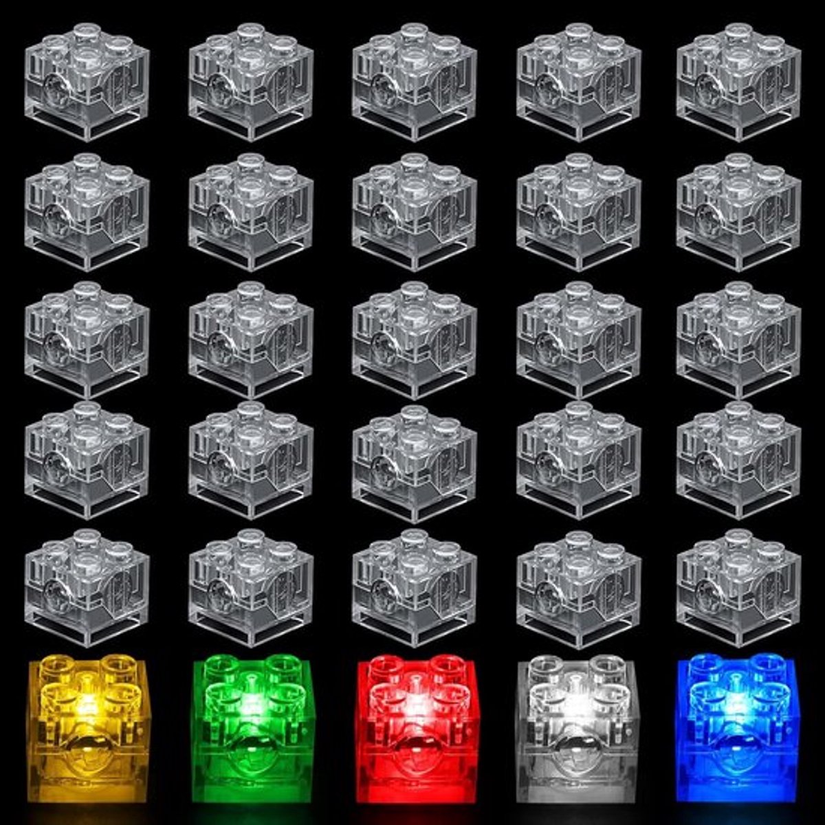 Set van 30 Luminous Bouwstenen, 2 x 2 LED Lichtstenen, Transparante Bouwblokken in 5 Kleuren, Herbruikbaar en Compatibel met Alle Standaard Bouwstenen