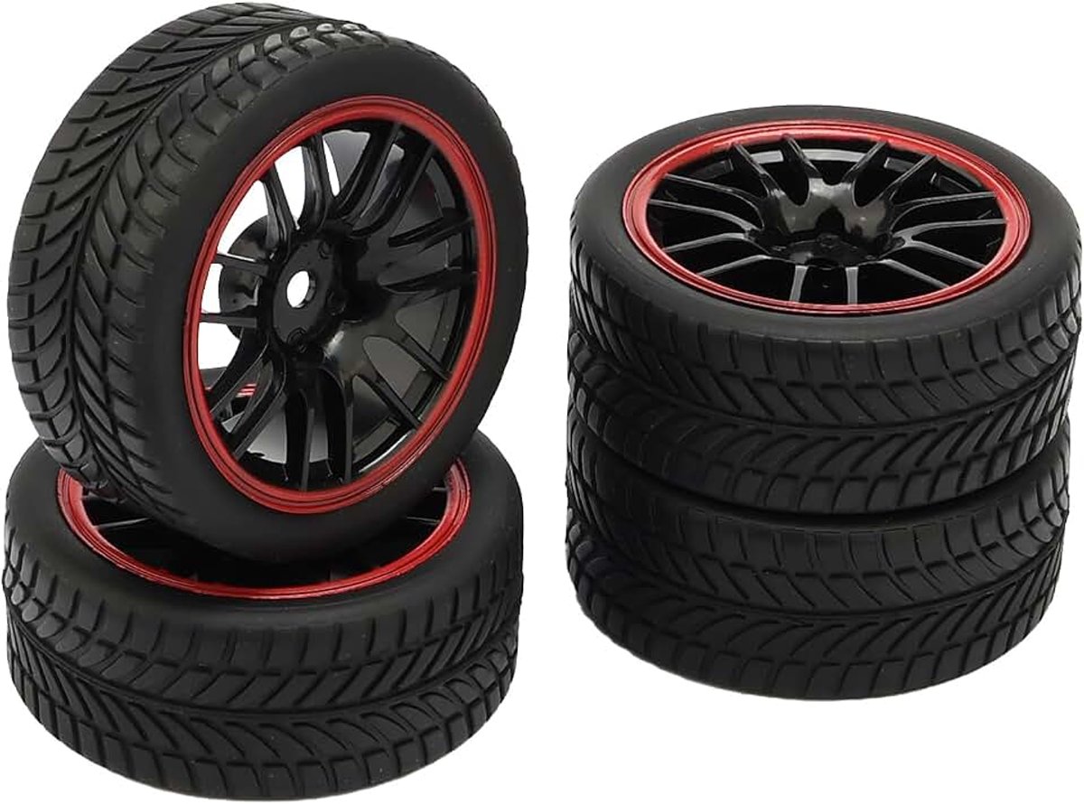 4-pack zwarte RC 1:10 On-Road Racing Car banden en velgen met 14 spaaks kunststof naven en V-banden
