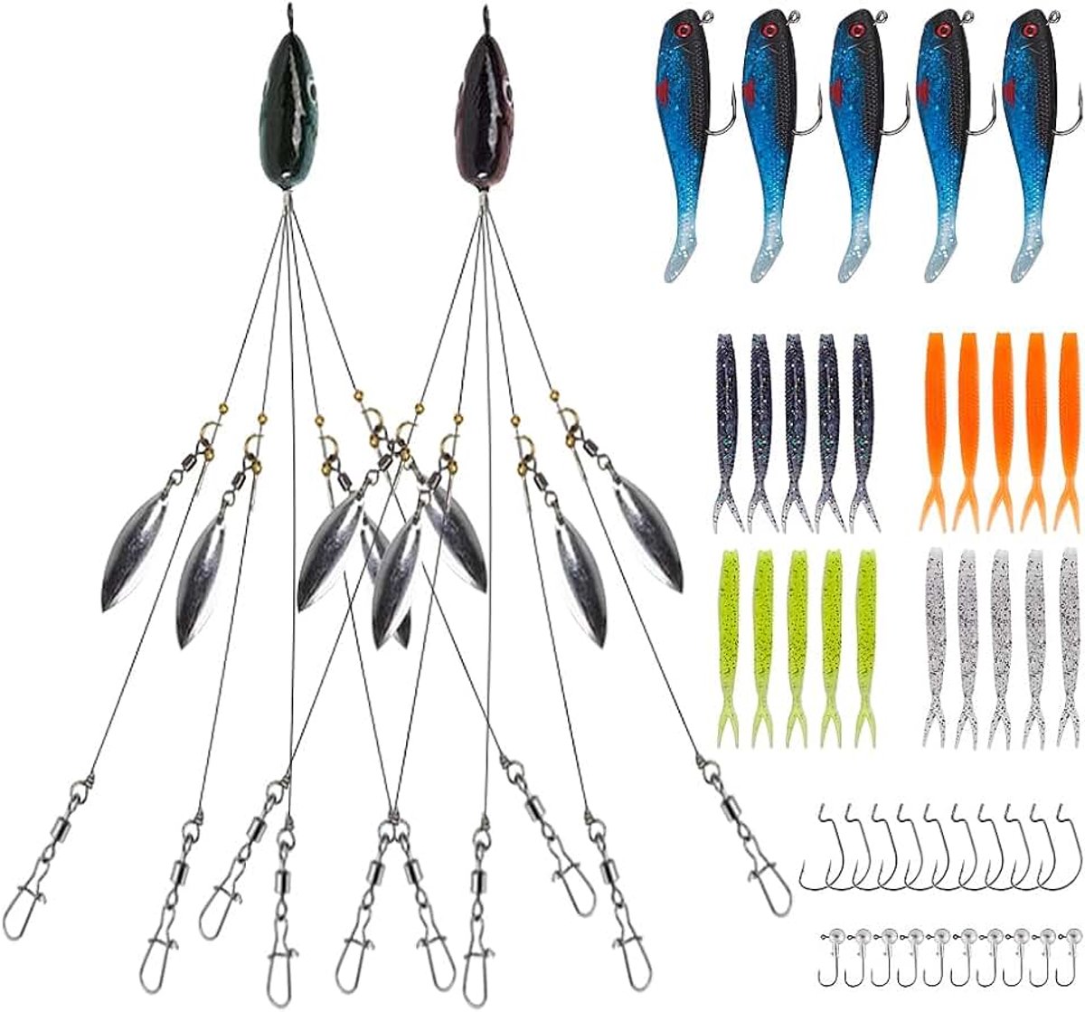 Alabama Rig Visaas met spinnerblad, 2 stuks, 5 armen, kunstaas met 20 swimbait, 5 rubberen aas en 10 jighaken en 10 offsethaken, Alabama Rig voor snoek, snoekbaars, bas