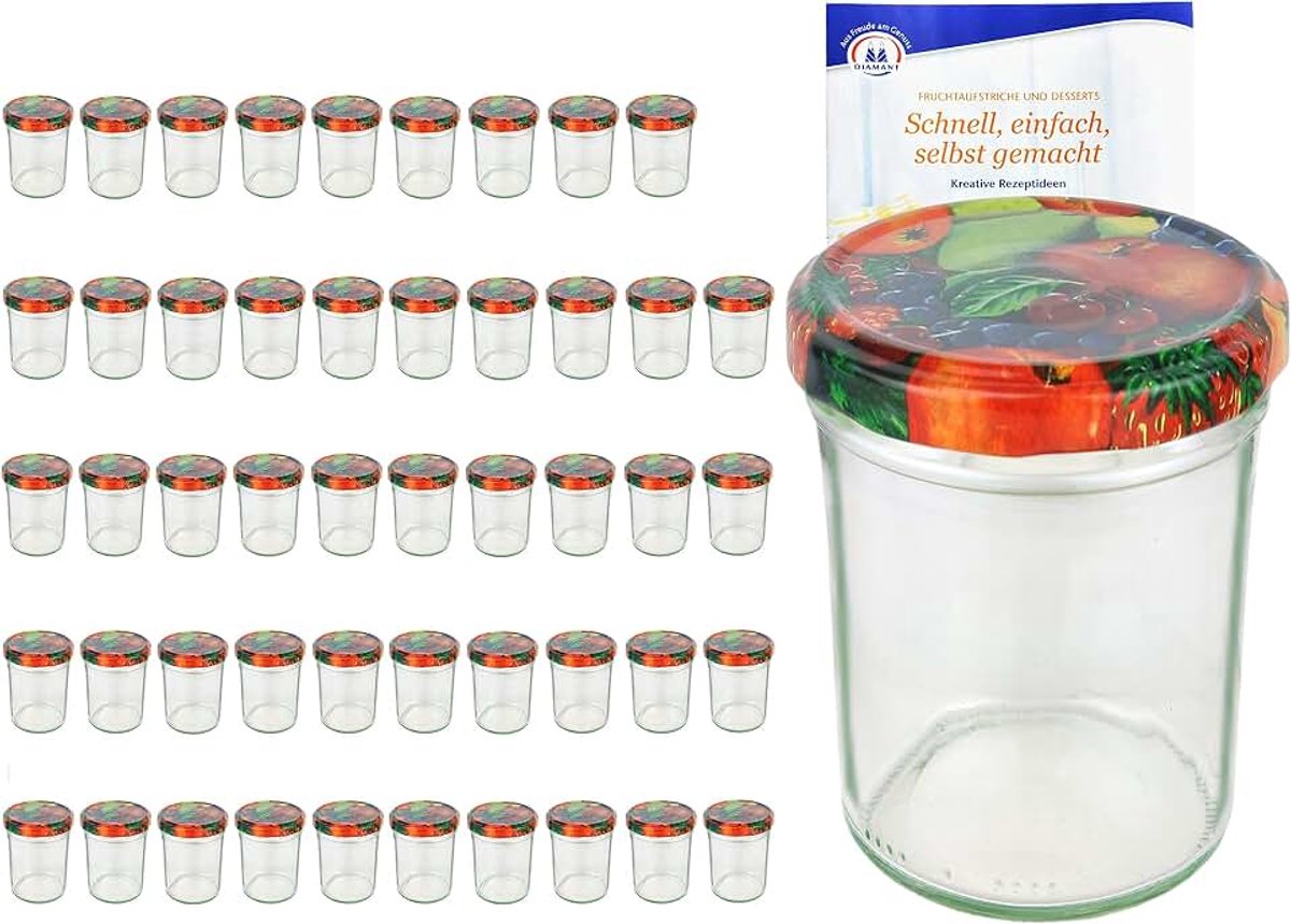 Potten 230 ml hoog deksel kleur fruit decor tot 66 incl. Diamant Gelierzauber receptenboekje, jampotten, inmaakpotten, inmaakpotten, potten