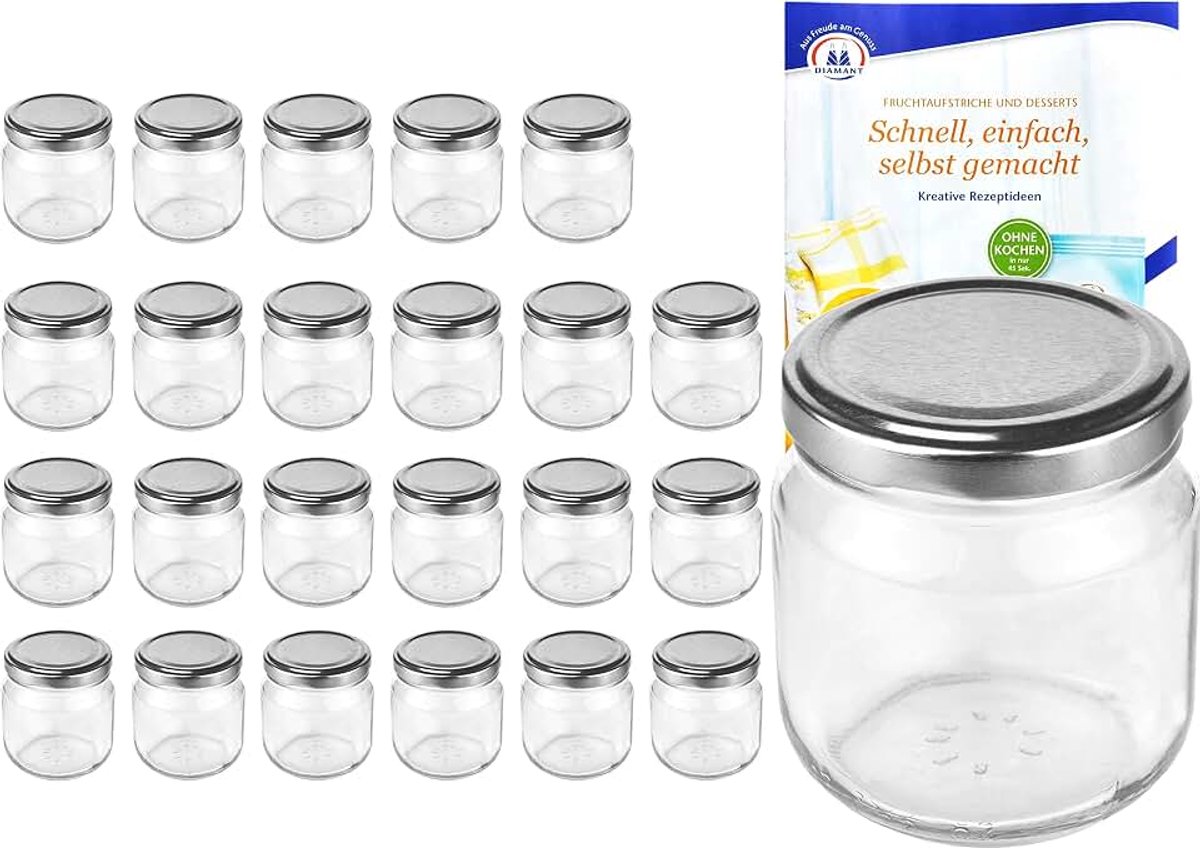 24er Set ronde glazen 212 ml lage dekselkleur zilver tot 66 incl. Diamant Gelierzauber receptenboekje, jampotten, inmaakpotten, weckpotten, glazen