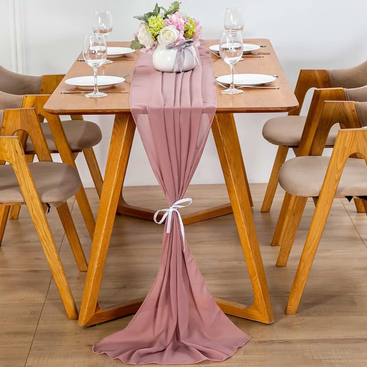 Chiffon tafelloper, 70 x 600 cm, afwasbaar tafelkleed, bruiloft decoratieve tafelband van stof, tafeldecoratie voor bruiloft, verjaardag, communie (oudroze)