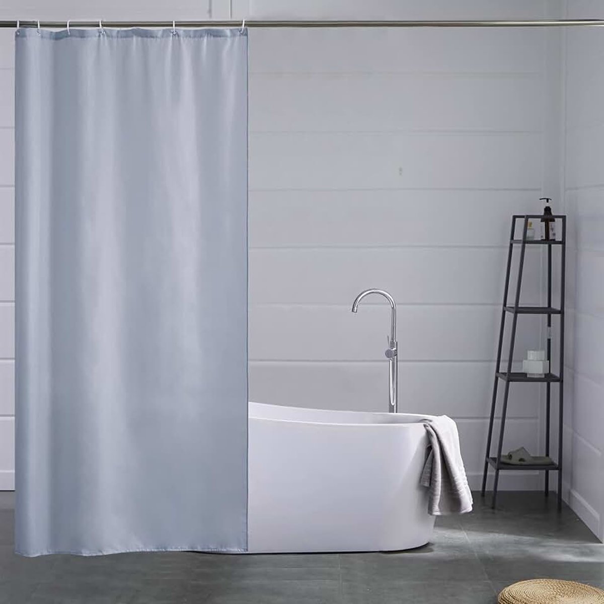 Smal douchegordijn van polyester stof, schimmelbestendig, waterafstotend en wasbaar materiaal, grijsblauw, 85 x 180 cm, met 6 gordijnringen