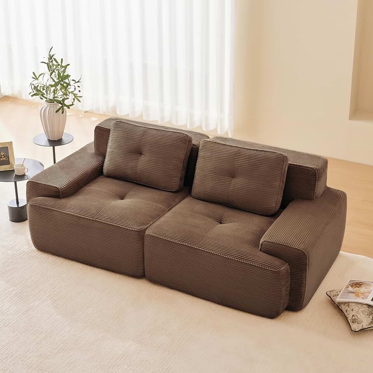 Modulaire bank, moderne bank voor de woonkamer met 74 cm diepe zitting, corduroy bank, Cloud gestoffeerde bank, banken combineerbaar, voor woonkamer, bruin, 2-zits (bruin, 2S)