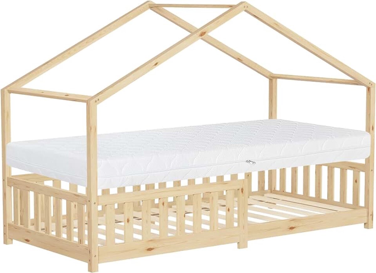 Kinderbed huisbed 70x140 cm naturel massief grenenhout met dak en valbeveiliging Montessori vloerbed juniorbed peuterbed houten bedframe met lattenbodem speelbed voor kinderen slaapkamer