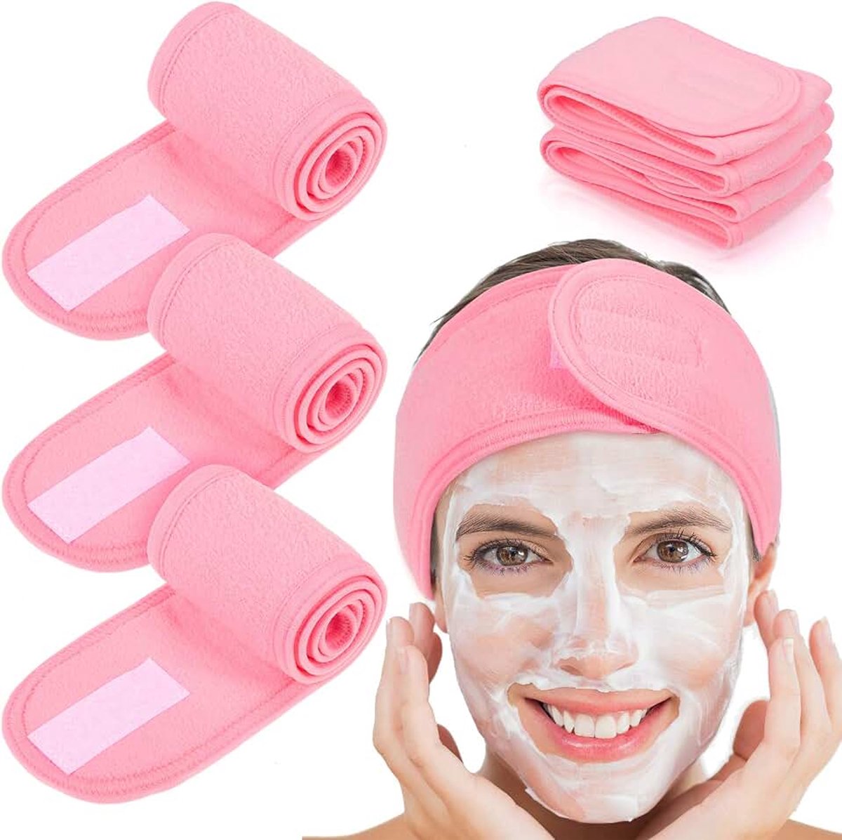 Hoofdband, 4 stuks, spa, make-up, haarband, stretch, badstof, voor sport, yoga, douche, roze