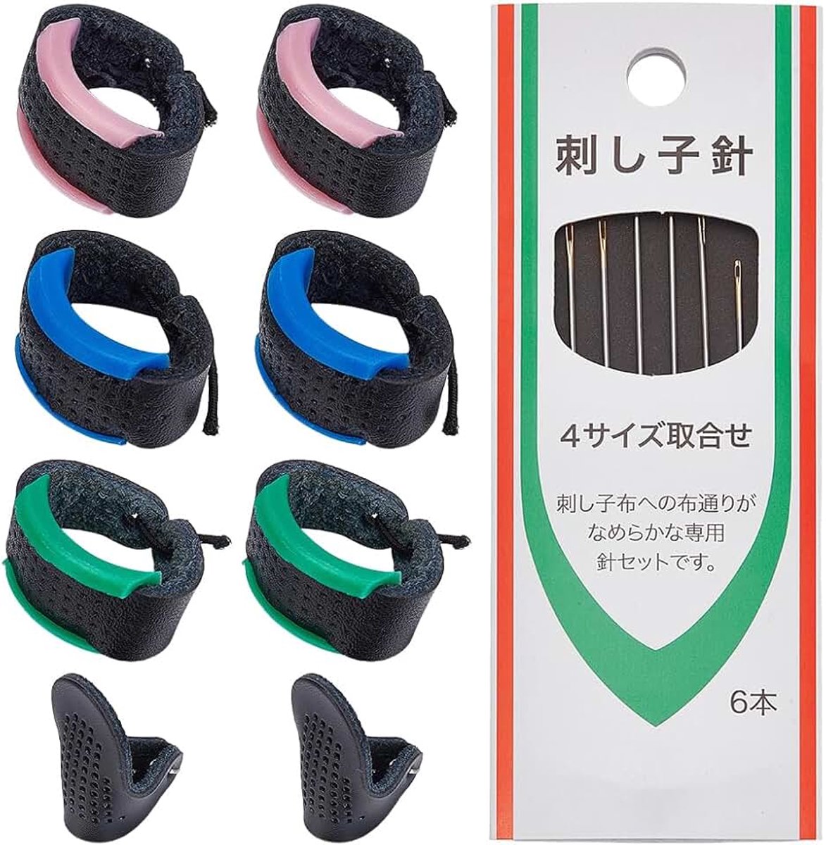 Japanse Sashiko Kit met 6 naalden en 8 lederen vingerhoedjes, handnaainaald en verstelbare vingerhoed Japanse Sashiko Kit gereedschap voor borduurwerk naaibenodigdheden, 4,3-5 cm
