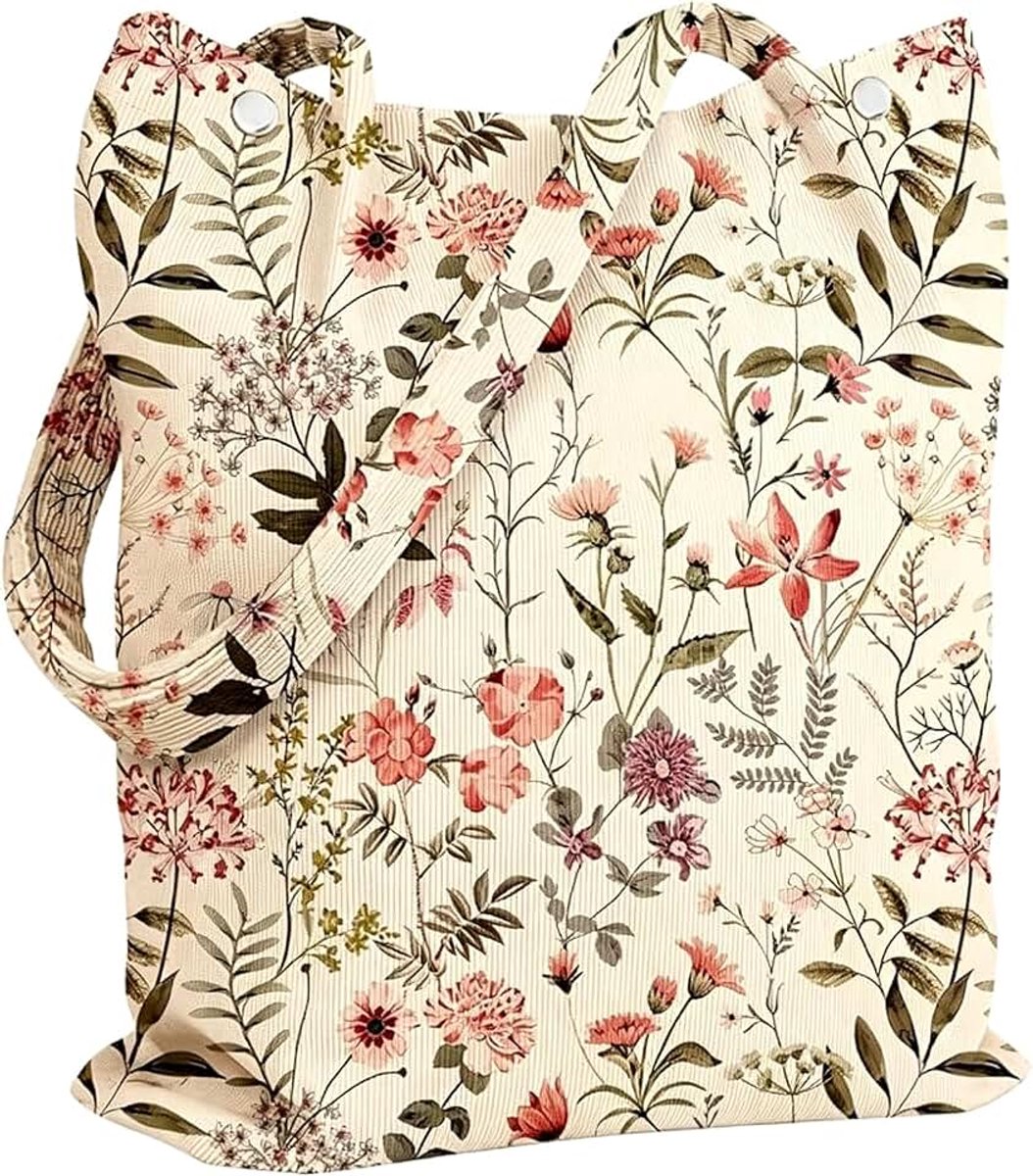 Herbruikbare Tote Bag van Cord met Ritsvak en Sluiting, Esthetische Bloemenpatroon Shopper Tas voor Dames voor Werk, Reizen en Dagelijks Gebruik