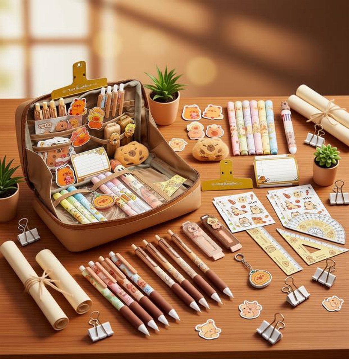 Capybara Schrijfwarenset 66-delig - Pennenetui met Pennen, Gummen, Stickers, Clips & Linialen voor School en Kantoor