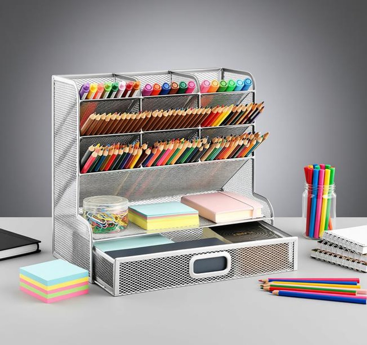 Marbrasse Mesh Bureau Organizer - Multifunctionele Pennenhouder met Lade - Opbergrek voor Kantoor, School en Kunstbenodigdheden - Zilver, 10 x 21 x 27 cm