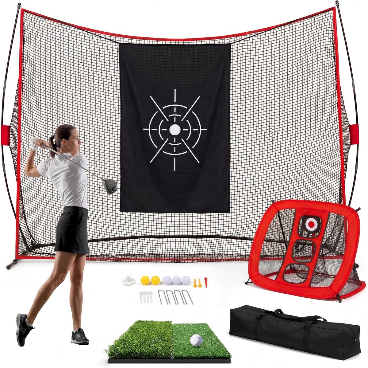 Danky Golfnet 304×213×91cm Rood, ijzeren buizen en polyester net, slagtrainingsnet voor tuin, binnen en buiten