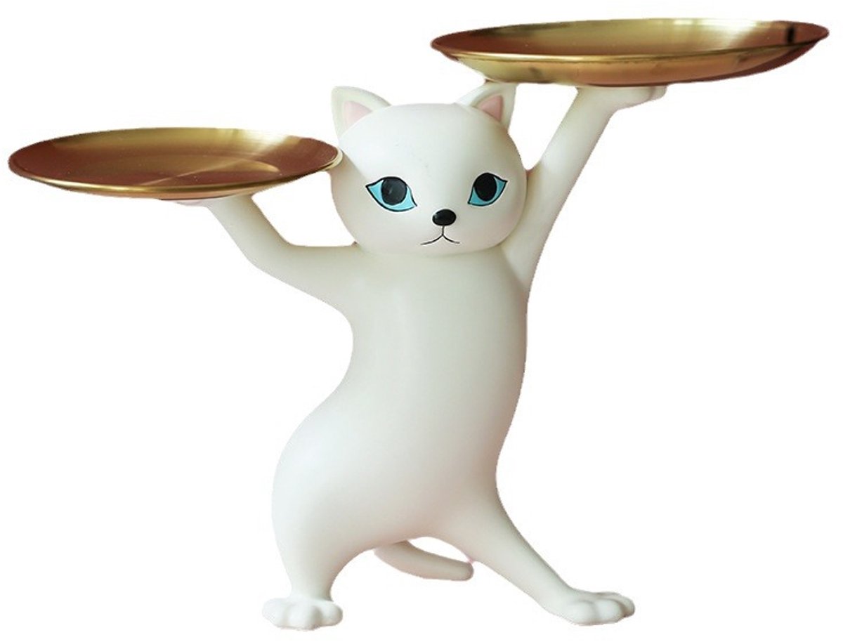Decoratief dienblad met kattenfiguur – Sleutelbakje – Speels kattenbeeldje – Tafelblad-dienblad – Geschikt als decoratie voor thuis, slaapkamer, kantoor of hal – hal – Wit